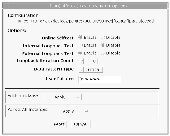 Screenshot of the jnifctest Test Parameter Options dialog box.