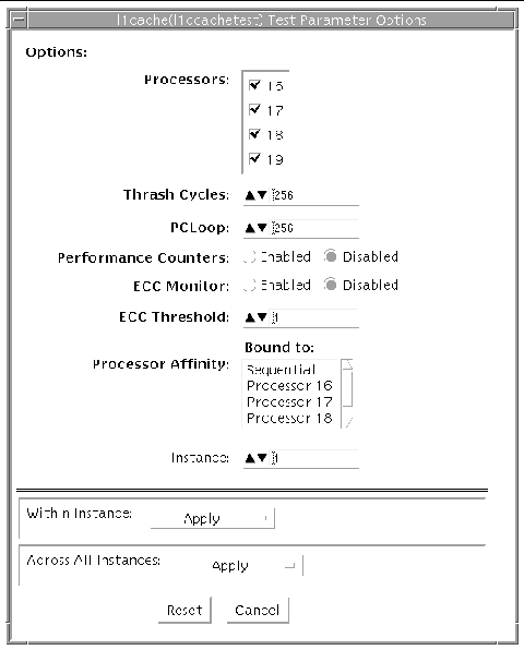 Screenshot of the l1dcachetest Test Parameter Options dialog box.