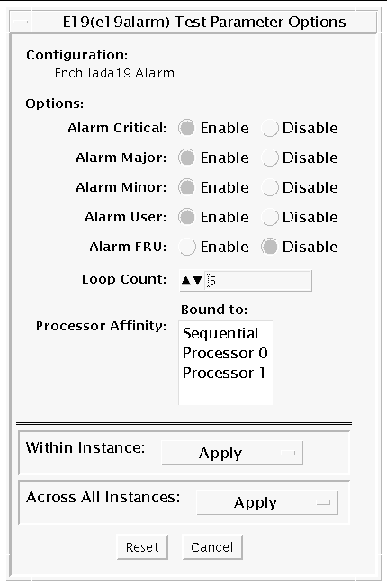 Screenshot of the nalmtest Test Parameter Options dialog box.