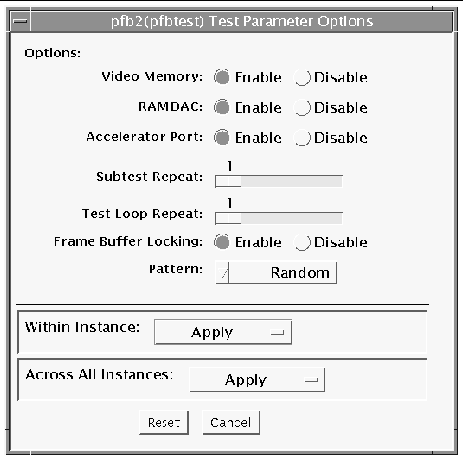 Screenshot of the pfbtest Test Parameter Options dialog box.