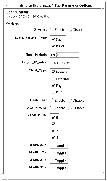 Screenshot of the dmctest Test Parameter Options dialog box.