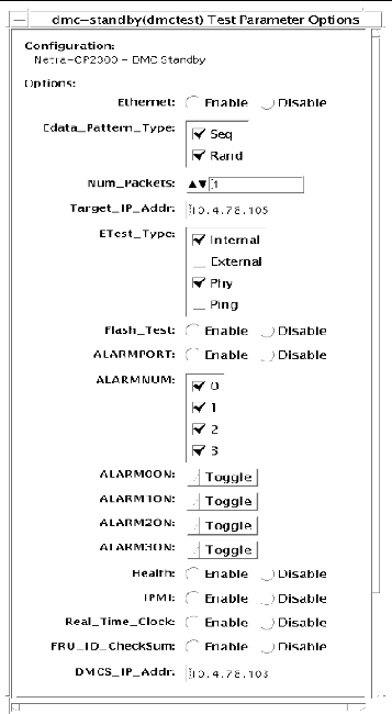 Screenshot of the dmctest Test Parameter Options dialog box.