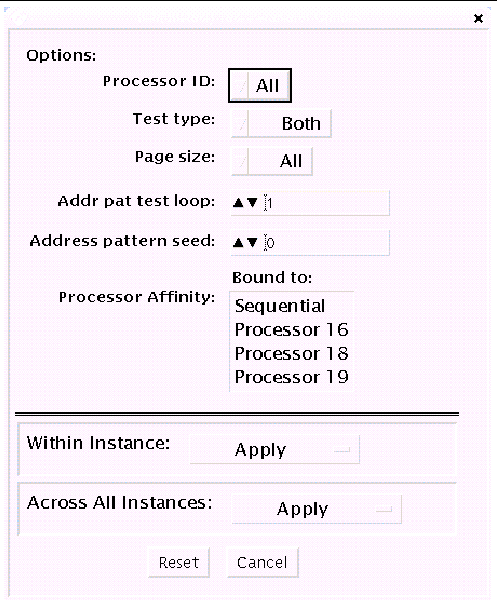 Screenshot of the dtlbtest Test Parameter Options dialog box.