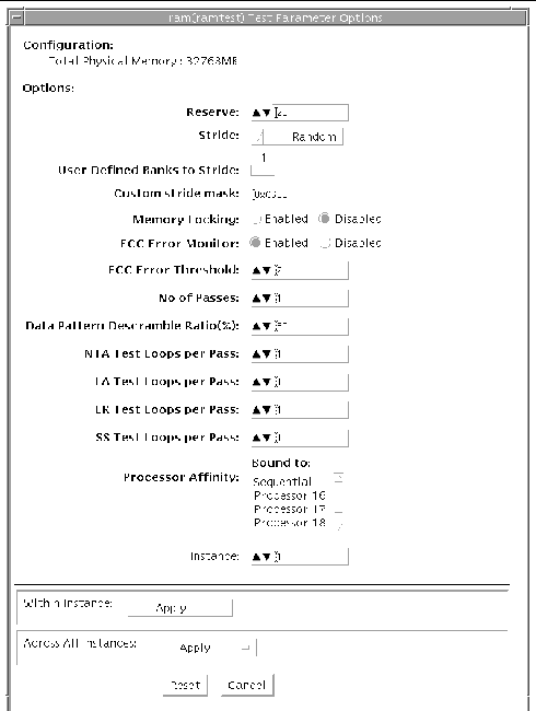 Screenshot of the ramtest Test Parameter Options dialog box.