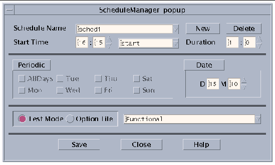 Screenshot of the Schedule Manager dialog box that displays all of the available buttons and fields.