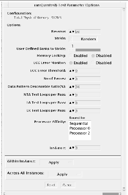 Screenshot of the ramtest Test Parameter Options dialog box.