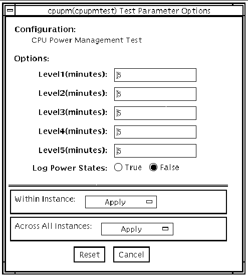 Screenshot of the cpupmtest Test Parameter Options dialog box.