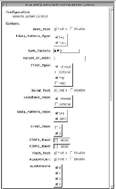 Screenshot of the alarmtest Test Parameter Options dialog box.