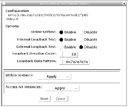 Screenshot of the cmptest Test Parameter Options dialog box.