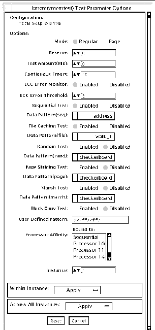 Screenshot of the vmemtest Test Parameter Options dialog box.