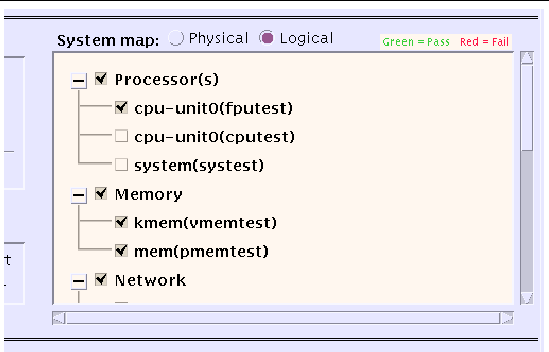 Screenshot of the SunVTS system map that shows the logical view of the system devices expanded.