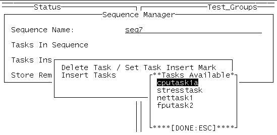 Screenshot of the SunVTS TTY Tasks available menu showing cputask1a, stresstask, nettask1, and fputask2 as available tasks.
