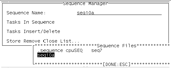 Screenshot of the SunVTS TTY Sequence Manager menu with a Sequence Files submenu that lists seq10a as an available file.