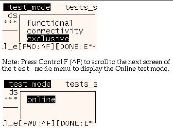 Screenshots of the SunVTS TTY test_mode menu. Note, press Control F (^F) to scroll to and display the Online test mode.