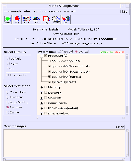 Screenshot of the SunVTS CDE main window.