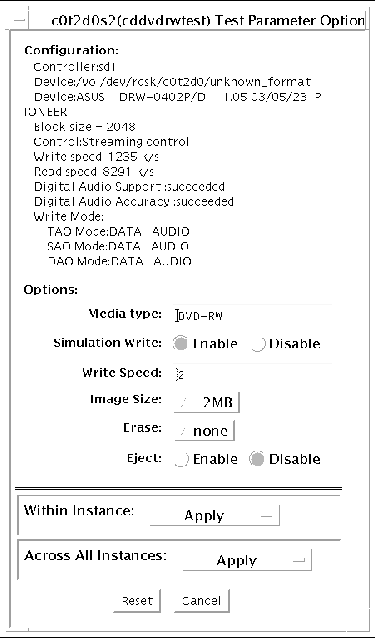 Screenshot of the cddvdtest Test Parameter Options dialog box for DVD-RW