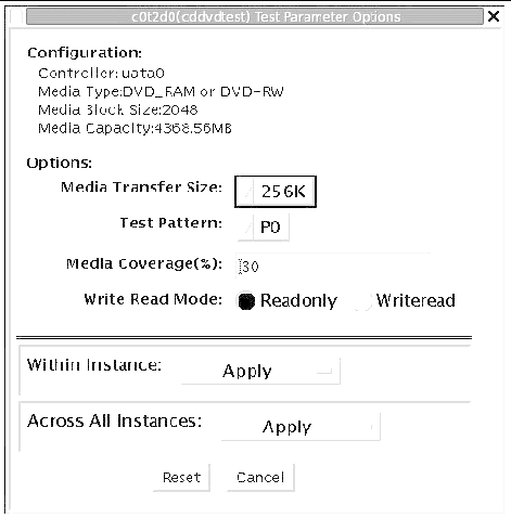 Screenshot of the cddvdtest Test Parameter Options dialog box for DVD-RAM