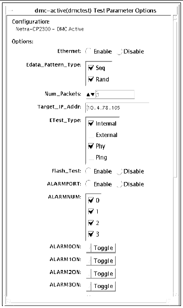 Screenshot of the dmctest Test Parameter Options dialog box for dmcatest (top view)