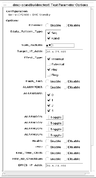 Screenshot of the dmctest Test Parameter Options dialog box for dmcstest