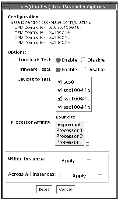 Screenshot of the dpmtest Test Parameter Options dialog box