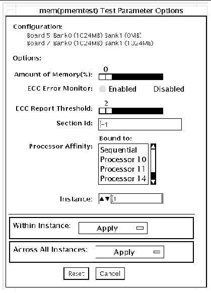 Screenshot of the pmemtest Test Parameter Options dialog box