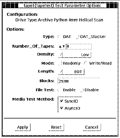 Screenshot of the tapetest Test Parameter Options dialog box