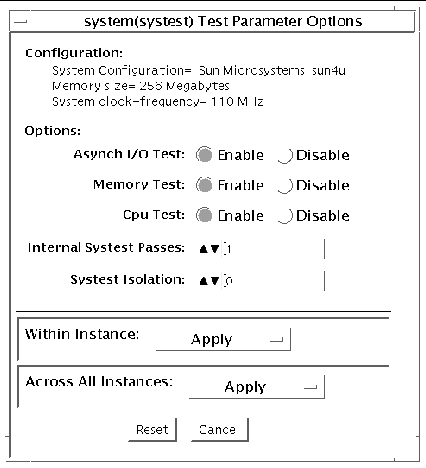 Screenshot of the systest Test Parameter Options dialog box