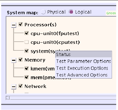 Screenshot of the SunVTS system map that illustrates a test-specific options pop-up window that is displayed from right-clicking on a test.