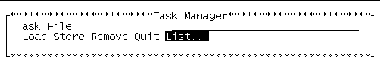 Screenshot of the SunVTS TTY Task Manager window. The Load, Store, Remove, Quit, and List options on the Task File menu are displayed..