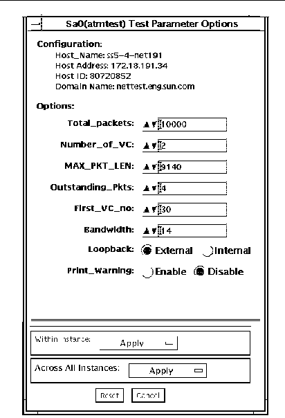 Screenshot of the atmtest Test Parameter Options dialog box