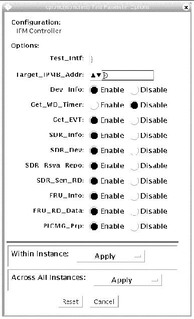 Screenshot of the nipmctest Test Parameter Options dialog box