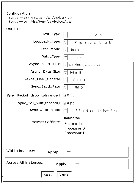 Screenshot of the serialtest Test Parameter Options dialog box