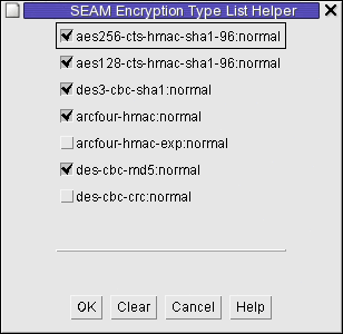 Dialog box titled SEAM Encryption Type List Helper lists
all of the encryption types installed.