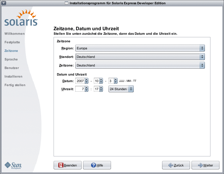 In dieses Fenster geben Sie die Zeitzone, das Datum und die Uhrzeit für das installierte System ein.