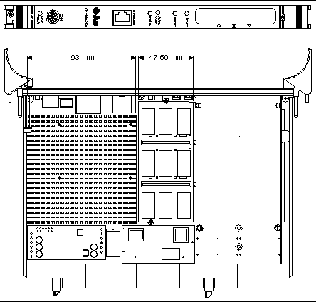 This is an illustration of the mechanical dimensions of the heat sink and the single-wide memory module on a CP2140 board.