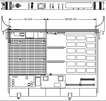 This illustration provides the CP2140 board mechanical dimensions of the heat sink and a double-wide memory module.