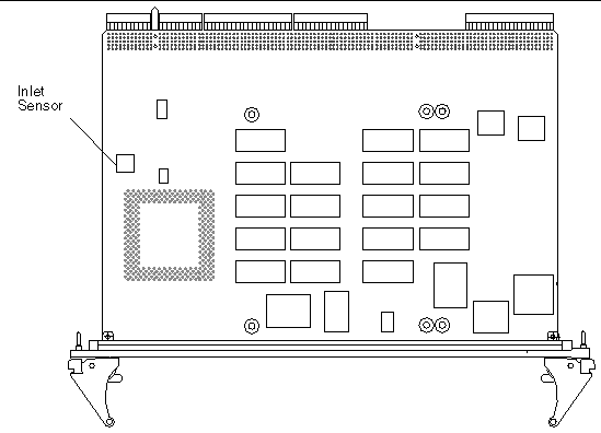 The Netra CP2300 cPSB board shown from the bottom, with the inlet sensor on the left; the latches are at the bottom of the figure.
