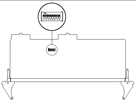 Figure showing the location of the S1302 DIP switch bank on the bottom, solder side of the RTM-S.