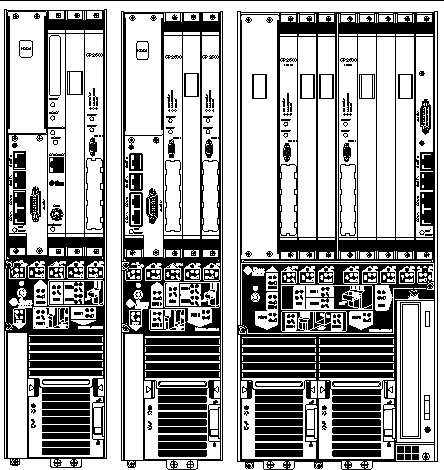 Figure showing Netra CP2500 boards installed in two Netra CT 410 servers and one Netra CT 810 server.