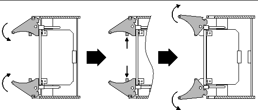 Figure demonstrating how to unlock the ejector levers in order to remove the board from the system.
