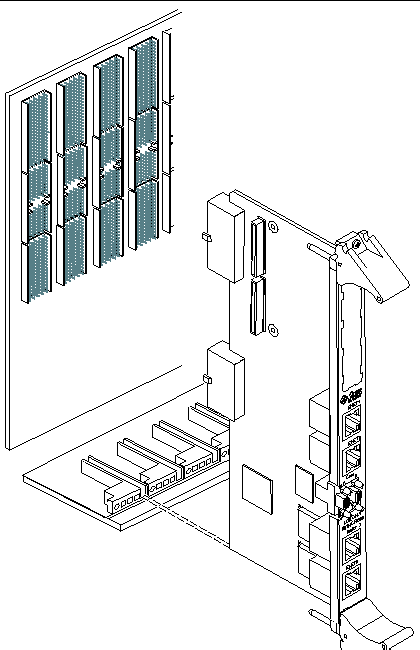 Illustration shows how to align the RTM-S during installation in the backplane.