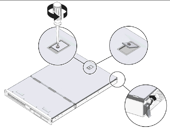 Figure shows opening server cover by loosening captive screw and releasing two catches.