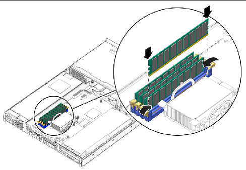 Figure shows insertion of memory module into DIMM slot.