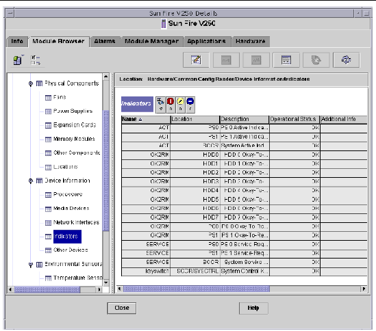 Screen capture showing part of the Sun Fire V250 Logical Device table, including name, location, and description columns.