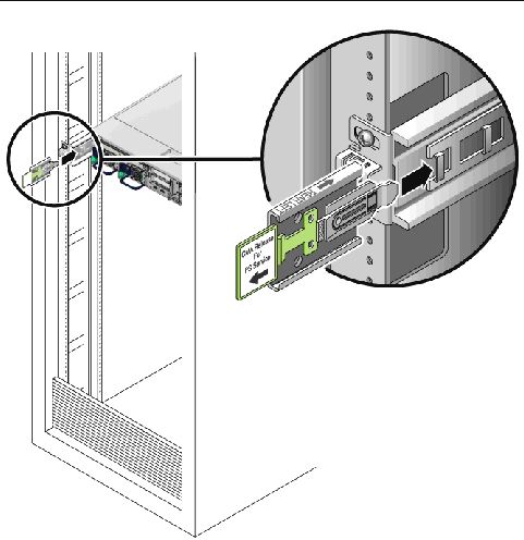 Image shows the CMA rail extension being inserted into the rear of the left slide rail.