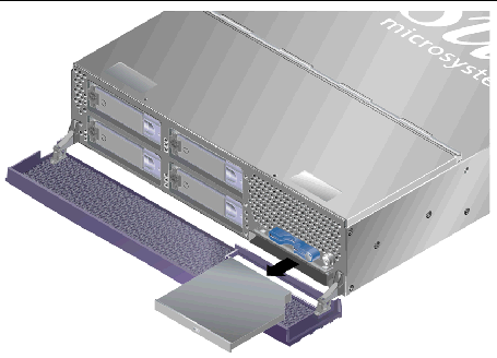 Figure shows bezel opened and the DVD-ROM drive removed from V240 server.