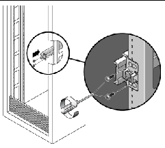 Graphic showing the slide-rail assembly bracket on the outside of the rack post, with the two mounting screws aligned with the holes in the bracket and post.