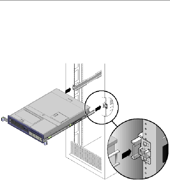 Image shows the mounting rails on the server fitting into the slide rails in the rack.