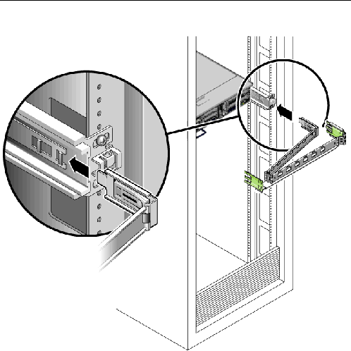 Image shows the inner CMA connector being inserted into the end of the right mounting bracket.