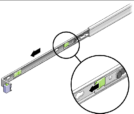 Image shows the plastic slide rail lock located in the middle of the mounting bracket. 